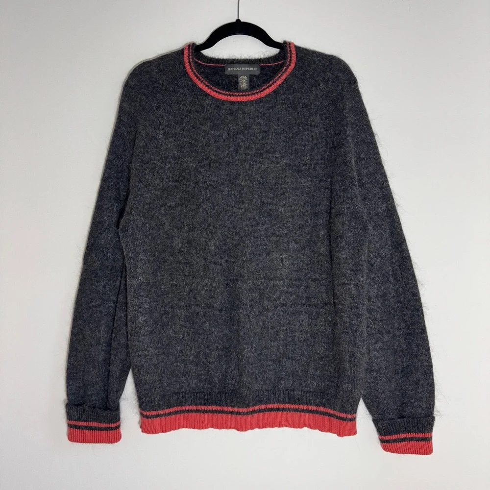 Banana Republic Mohair Blend Sweater Gray Red‎ Trim Crewneck Size XL